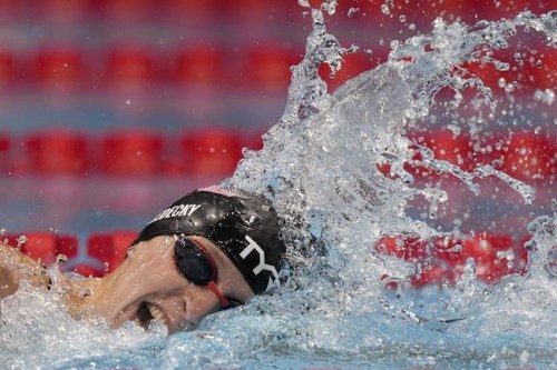 Katie Ledecky, of United States, swims in a women's 200-meter freestyle semifinal at the 2020 Summer Olympics, Tuesday, July 27, 2021, in Tokyo, Japan. (AP Photo/Martin Meissner)