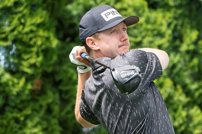 Mackenzie Hughes hits off the ninth tee during the pro-am ahead of the Travelers Championship golf tournament at TPC River Highlands, Wednesday, June 23, 2021, in Cromwell, Conn. THE CANADIAN PRESS/AP/John Minchillo