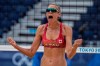 Canada's Sarah Pavan celebrates winning a beach volleyball match against Switzerland at the 2020 Summer Olympics, Thursday, July 29, 2021. Pavan has found new fans through a shared love of the anime series 