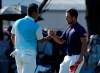 CORRECTS LAST NAME TO SCHAUFFELE FROM SHAUFFELE - Xander Schauffele of the United States, right, is congratulated by Hideki Matsuyama of Japan after winning gold in the men's golf event at the 2020 Summer Olympics on Sunday, Aug. 1, 2021, in Kawagoe, Japan. (AP Photo/Andy Wong)