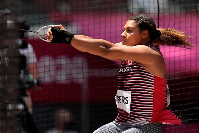 Camryn Rogers, of Canada, competes in the qualification rounds of the women's hammer throw at the 2020 Summer Olympics, Sunday, Aug. 1, 2021, in Tokyo. THE CANADIAN PRESS/AP, David J. Phillip