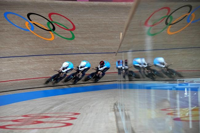 Team Canada competes during the track cycling men's team pursuit at the Tokyo Summer Olympic Games, in Izu, Japan, Monday, Aug. 2, 2021. Canada's track cyclists used to constantly be on the move. A country without a permanent velodrome, the best of the best were forced to crisscross the globe to develop, train and compete. THE CANADIAN PRESS/AP-Christophe Ena