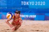 Melissa Humana-Paredes, of Canada, dives for the ball during a women's beach volleyball quarterfinal match against Australia at the 2020 Summer Olympics, Tuesday, Aug. 3, 2021, in Tokyo, Japan. THE CANADIAN PRESS/AP/Petros Giannakouris