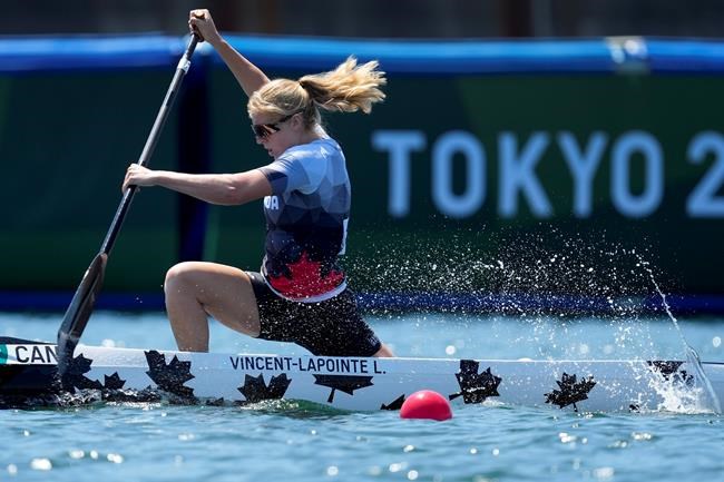 Laurence Vincent-Lapointe of Canada competes in the women's canoe single 200m heat at the 2020 Summer Olympics, Wednesday, Aug. 4, 2021, in Tokyo, Japan. THE CANADIAN PRESS/AP-Darron Cummings