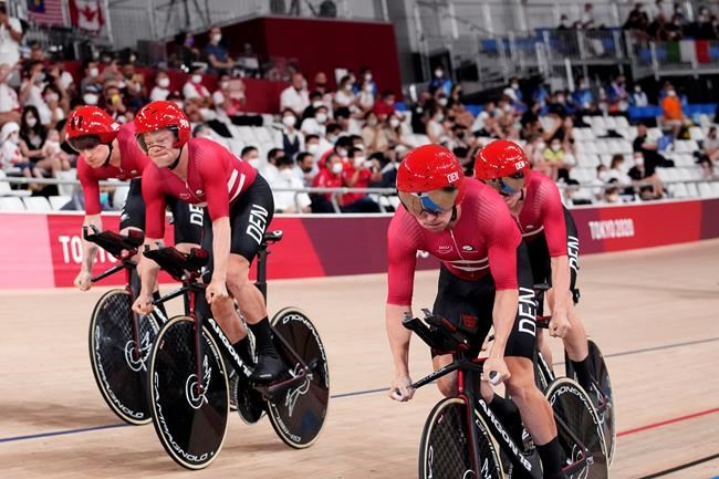 Team Denmark competes during the track cycling men's team pursuit at the 2020 Summer Olympics, Wednesday, Aug. 4, 2021, in Izu, Japan. (AP Photo/Christophe Ena)