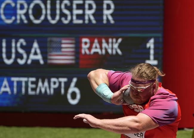 Ryan Crouser, of United States competes in the final of the men's shot put at the 2020 Summer Olympics, Thursday, Aug. 5, 2021, in Tokyo, Japan. (AP Photo/Charlie Riedel)