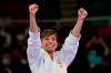 Sandra Sanchez Jaime of Spain celebrates after winning the women's kata final bout for Karate at the 2020 Summer Olympics, Thursday, Aug. 5, 2021, in Tokyo, Japan. (AP Photo/Vincent Thian)