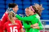 Christine Sinclair, left, celebrates with teammates as Canada celebrates after defeating Sweden in the penalty shoot-out in the women's soccer final during the summer Tokyo Olympics in Yokohama, Japan on Friday, August 6, 2021. THE CANADIAN PRESS/Frank Gunn