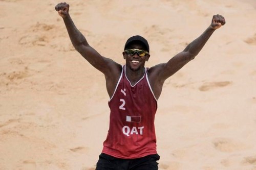 Ahmed Tijan, of Qatar, celebrates winning a men's beach volleyball Bronze Medal match against Latvia at the 2020 Summer Olympics, Saturday, Aug. 7, 2021, in Tokyo, Japan. (AP Photo/Petros Giannakouris)