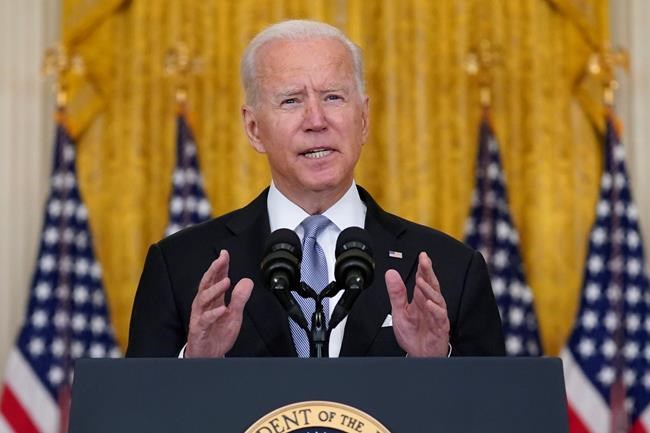 President Joe Biden speaks about Afghanistan from the East Room of the White House, Monday, Aug. 16, 2021, in Washington. (AP Photo/Evan Vucci)