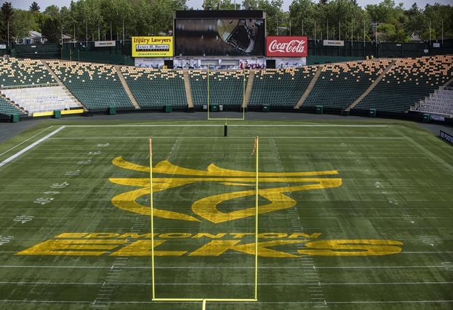 The Edmonton Eskimos unveil their new name and logo, the Edmonton Elks, at Commonwealth Stadium in Edmonton, Tuesday, June 1, 2021. Several Edmonton Elks players have tested positive for COVID-19, the Canadian Football League revealed late Sunday. THE CANADIAN PRESS/Jason Franson