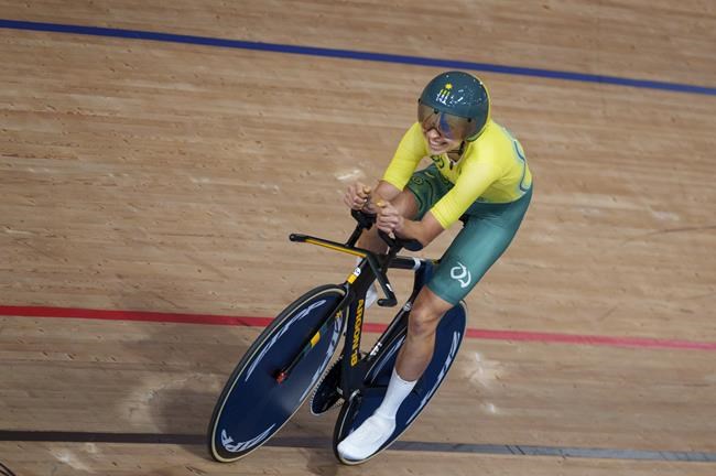 Australia's Paige Greco wins the Gold Medal in the Track Cycling Womens C3 3000m Individual Pursuit at the Izu Velodrome in Tokyo 2020 Paralympic Games in Tokyo, Wednesday, August 25, 2021. (Thomas Lovelock for OIS via AP)