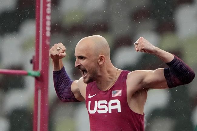 Sam Grewe of the United States reacts in the men's high jump T63 final during the Tokyo 2020 Paralympics Games at the National Stadium in Tokyo, Japan, Tuesday, Aug. 31, 2021. (AP Photo/Eugene Hoshiko)