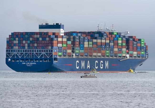 The container ship CMA CGM Brazil heads from the PSA Halifax South End Container Terminal in Halifax on Thursday, Sept. 10, 2020. THE CANADIAN PRESS/Andrew Vaughan