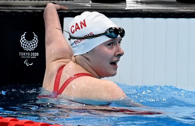 Canada's Danielle Dorris checks her time after winning a gold medal in the women's 50m butterfly at the 2020 Paralympic Games in Tokyo, Japan on Friday, Sept.3, 2021. THE CANADIAN PRESS/HO-Canadian Paralympic Committee-Scott Grant MANDATORY CREDIT