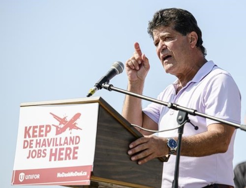 Unifor president Jerry Dias makes remarks to the De Havilland picket line at the Downsview plant in Toronto on Tuesday, August 24, 2021.&nbsp;is warning members who refuse to receive a COVID-19 vaccination that they could end up losing their jobs if their company adopts a vaccine mandate.THE CANADIAN PRESS/Christopher Katsarov