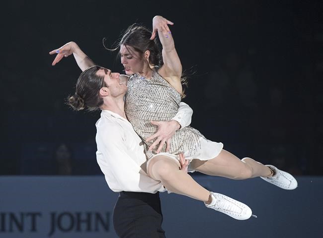 Ice dancers Laurence Fournier Beaudry and Nikolaj Sorensen perform in the exhibition gala event at the 2019 National Skating Championships at Harbour Station in Saint John, N.B. on January 20, 2019. THE CANADIAN PRESS/Andrew Vaughan