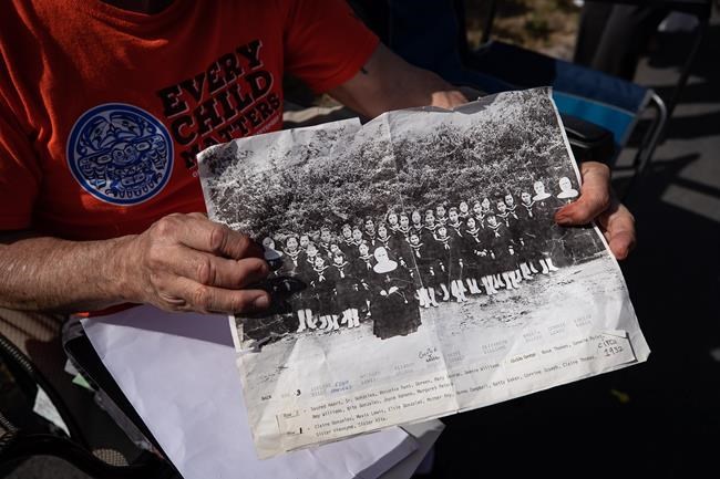 Willie Nahanee, 79, of the Squamish Nation, who attended the former St. Paul Indian Residential School for 10 years and the Kamloops Indian Residential School for one year, holds a photograph of the 1932 St. Paul girls class, in North Vancouver, B.C., Tuesday, Aug. 10, 2021. Catholic bishops in Canada are apologizing to survivors of residential schools and their families ahead of a planned meeting between Pope Francis and Indigenous leaders later this fall. THE CANADIAN PRESS/Darryl Dyck