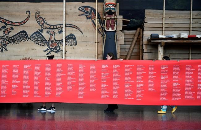 A ceremonial cloth with the names of 2,800 children who died in residential schools and were identified in the student memorial register, is carried to the stage during the Honouring National Day for Truth and Reconciliation ceremony in Gatineau, Que., on Monday, Sept. 30, 2019. Businesses, cities and schools across Canada are preparing to follow the federal government's decision to observe the first National Day for Truth and Reconciliation, in some cases stepping up because provinces won't. THE CANADIAN PRESS/Justin Tang