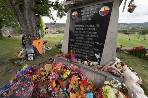 A memorial is seen outside the Residential School in Kamloops, B.C., on June 13, 2021. THE CANADIAN PRESS/Jonathan Hayward
