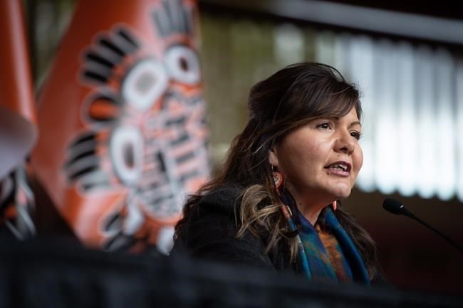 Tk'emlups te Secwepemc Kukpi7 (Chief) Rosanne Casimir speaks during a news conference ahead of a ceremony to honour residential school survivors and mark the first National Day for Truth and Reconciliation, in Kamloops, BC., on Thursday, Sept. 30, 2021. What are believed to be the remains of 215 children were discovered buried near the former Kamloops Indian Residential School earlier this year. THE CANADIAN PRESS/Darryl Dyck