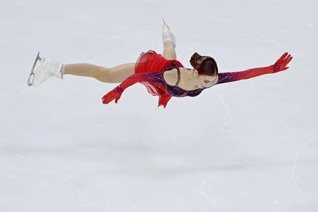 Alexandra Trusova, of Russia, performs during the women's short program at the Skate America figure skating event Saturday, Oct. 23, 2021, in Las Vegas. (AP Photo/David Becker)