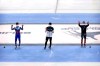 From left, silver medalist Semen Elistratov of Russia, gold medalist Hwang Dae-hon of South Korea, and bronze medalist Pascal Dion of Canada stand during the medal ceremony for the men's 1000m at the ISU World Cup Short Track speed skating competition, a test event for the 2022 Winter Olympics, at the Capital Indoor Stadium in Beijing, Sunday, Oct. 24, 2021. THE CANADIAN PRESS/AP, Mark Schiefelbein