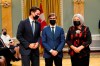 Prime Minister Justin Trudeau, left, and Gov. Gen. Mary May Simon, right, pose with Steven Guilbeault, minister of environment and climate change, at a cabinet swearing-in ceremony at Rideau Hall in Ottawa, Tuesday, Oct.26, 2021 THE CANADIAN PRESS/Adrian Wyld