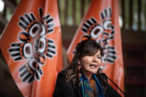 Tk'emlups te Secwepemc Kukpi7 (Chief) Rosanne Casimir speaks during a news conference ahead of a ceremony to honour residential school survivors and mark the first National Day for Truth and Reconciliation, in Kamloops, B.C., on Thursday, Sept. 30, 2021. Leaders of the First Nation say it would be 