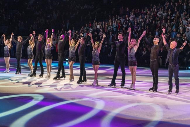In a photo provided by Scott Hamilton LLC, Scott Hamilton and all participating skaters at the 2018 Scott Hamilton & Friends event take a bow in Nashville, Tenn. This year's show will will focus on the fight to conquer glioblastoma, a particularly deadly form of cancer. (Ed Rode Photography/Scott Hamilton LLC via AP)