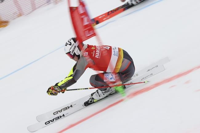 Norway's Atle Lie McGrath competes during an alpine ski, men's World Cup parallel event, in Lech/Zuers, Austria, Sunday, Nov. 14, 2021. (AP Photo/Alessandro Trovati)