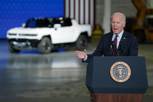 President Joe Biden speaks during a visit to the General Motors Factory ZERO electric vehicle assembly plant, Wednesday, Nov. 17, 2021, in Detroit. (AP Photo/Evan Vucci)