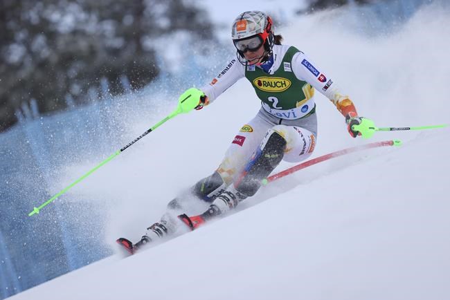 Slovakia's Petra Vlhova competes during the first run of an alpine ski, World Cup women's slalom in Levi, Finland, Saturday, Nov. 20, 2021. (AP Photo/Alessandro Trovati)