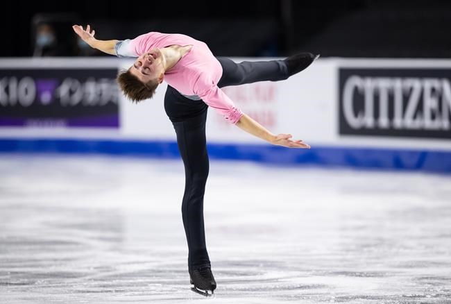 Canada's Roman Sadovsky performs his men's free program during the Skate Canada International figure skating competition, in Vancouver, on Saturday, October 30, 2021. THE CANADIAN PRESS/Darryl Dyck