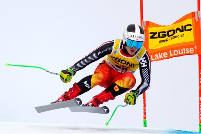 Brodie Seger of Canada flies down the course during the second Men's World Cup downhill training run in Lake Louise, Alta., on November 24, 2021. THE CANADIAN PRESS/Frank Gunn