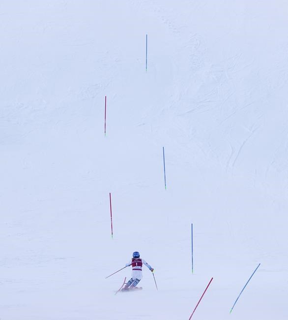 United States' Mikaela Shiffrin competes during the first run of an alpine ski, World Cup women's slalom in Levi, Finland, Sunday, Nov. 21, 2021. (AP Photo/Alessandro Trovati)