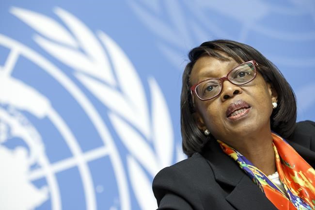 Matshidiso Moeti, World Health Organization (WHO) Regional Director for Africa, speaks at a press conference at the European headquarters of the United Nations in Geneva, Switzerland, on Feb. 1, 2019. The World Health Organization on Sunday, Nov. 28, 2021 urged countries around the world not to impose flight bans on southern African nations due to concerns over the new omicron variant. WHO's regional director for Africa, Matshidiso Moeti, called on countries to follow science and international health regulations in order to avoid using travel restrictions. (Salvatore Di Nolfi/Keystone via AP, File)