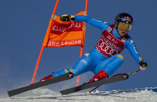 Sofia Goggia of Italy blasts down the course on her way to winning the Women’s World Cup downhill ski race in Lake Louise, Alta., Friday, Dec. 3, 2021. THE CANADIAN PRESS/Frank Gunn