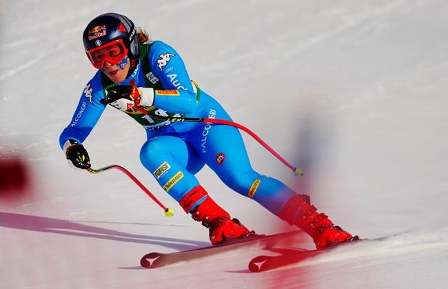 Sofia Goggia of Italy skis down the course during the women's World Cup Super-G in Lake Louise, Alta., on Sunday, December 5, 2021. THE CANADIAN PRESS/Frank Gunn