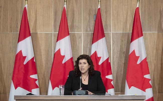 Auditor General Karen Hogan speaks during a news conference in Ottawa, Wednesday May 26, 2021. THE CANADIAN PRESS/Adrian Wyld