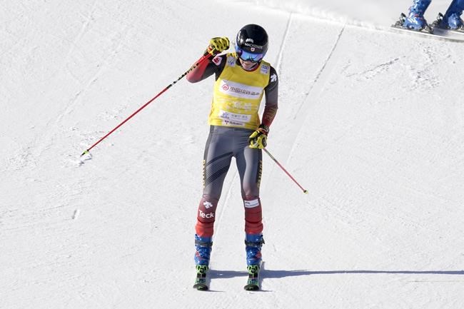 Brittany Phelan, of Canada, reacts while competing during the small final in women's ski cross during the FIS Ski Cross World Cup, in Zhangjiakou, China, Saturday, Nov. 27, 2021. Phelan won silver at the Audi FIS Ski Cross World Cup on Saturday. THE CANADIAN PRESS/AP-Mark Schiefelbein