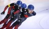 Canada's Ted-Jan Bloemen, right, leads teammates during the men's team pursuit competition at the ISU World Cup speed skating event in Calgary, Alta., Sunday, Dec. 12, 2021.THE CANADIAN PRESS/Jeff McIntosh