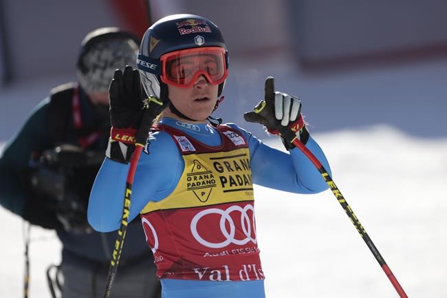 Italy's Sofia Goggia arrives at the finish area during an alpine ski, women's World Cup downhill race, in Val D'Isere, France, Saturday, Dec. 18, 2021. (AP Photo/Giovanni Maria Pizzato)