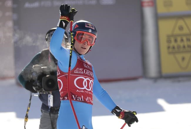 Italy's Sofia Goggia reacts at finish area during an alpine ski, women's World Cup super-G race in Val D'Isere, France, Sunday, Dec. 19, 2021. (AP Photo/Giovanni Pizzato)