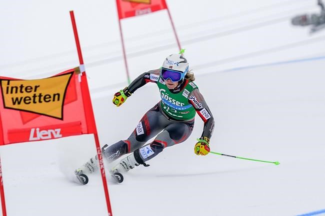 Norway's Ragnhild Mowinckel speeds down the slope during an alpine ski, women's World Cup giant slalom race, in Lienz, Austria, Tuesday, Dec. 28, 2021. (AP Photo/Marco Tacca)