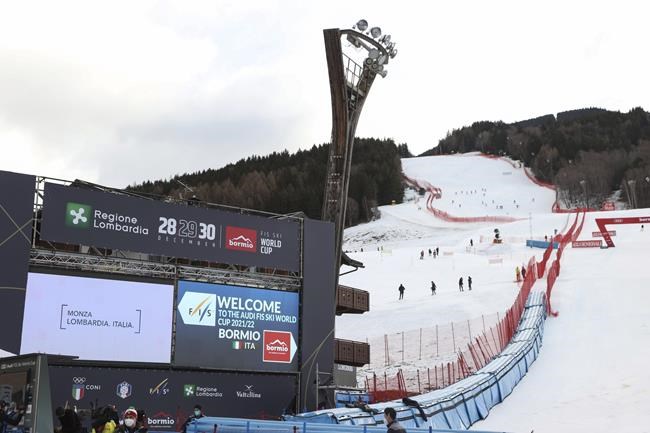 A view of the the finish line before an alpine ski men's World Cup super-G, in Bormio, Italy, Thursday, Dec. 30, 2021. The race has been canceled do to snow conditions. (AP Photo/Luciano Bisi)