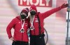 Third placed Christine de Bruin and Kristen Bujnowski of Canada celebrate during award ceremony of the two-woman Bobsleigh World Cup race in Sigulda, Latvia, Sunday, Jan. 2, 2022.  THE CANADIAN PRESS/AP-Roman Koksarov