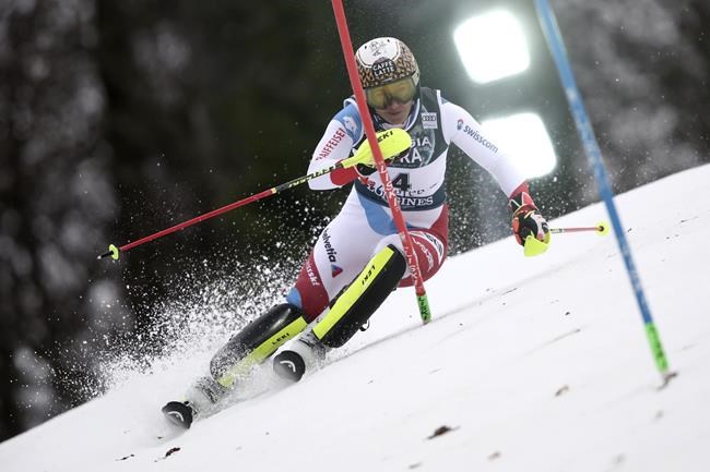 Switzerland's Wendy Holdener speeds down the course during the first run of an alpine ski, women's World Cup slalom in Zagreb, Croatia, Tuesday, Jan. 4, 2022. (AP Photo/Gabriele Facciotti)