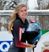 Laura Nolte from Germany smiles after her third place at the Bobsleigh World Cup in Winterberg, Germany, Saturday, Jan. 8, 2022 . (Caroline Seidel/dpa via AP)