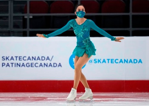 Madeline Schizas skates during the warm up for thesenior women’s free program at the National Skating Championships, in Ottawa, Saturday, Jan. 8, 2022.&nbsp;Schizas won the women's singles title at the Canadian figure skating championships, all but clinching her trip to the Beijing Olympics. THE CANADIAN PRESS/Adrian Wyld